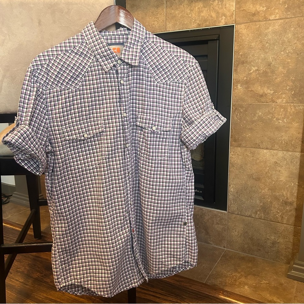 BOSS ORANGE Purple and White Plaid Short Sleeve Pearl Snap Button Shirt. Large